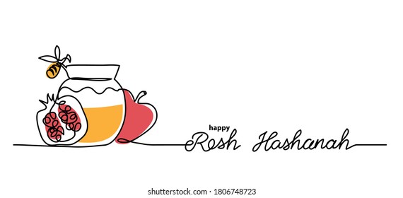 Rosh hashanah simple vector background with honey, apple, pomegranate and bee. One continuous line drawing with lettering happy Rosh hashanah.