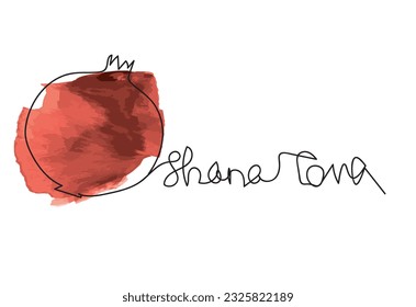 Rosh hashanah simple vector background with pomegranate . One continuous line drawing with lettering Shana Tova. Single line art.