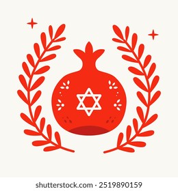 Rosh Hashanah Symbol roter Granatapfel mit Davidstern einzeln auf weißem Hintergrund. Jüdische Neujahrsfeier. Vektorgrafik im einfachen flachen Stil für Grußkarte, Banner, Poster