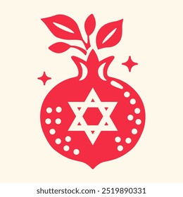 Rosh Hashanah Symbol roter Granatapfel mit Davidstern einzeln auf weißem Hintergrund. Jüdische Neujahrsfeier. Vektorgrafik im einfachen flachen Stil für Grußkarte, Banner, Poster