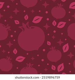 Rosh Hashanah Symbol roter Granatapfel nahtloses Muster auf dunklem bordeauxfarbenem Hintergrund. Jüdische Neujahrsfeier. Herbsternte, Obstgarten. Vektorgrafik im einfachen flachen Stil