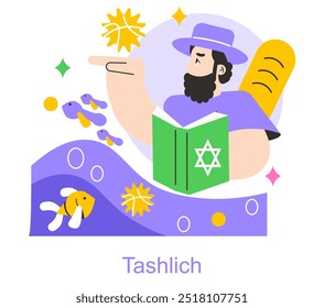 Rosh Hashanah Tashlich concept. An illustration of a Jewish man performing the Tashlich ritual, symbolizing casting off sins. Fishes, water, and festive elements. Vector illustration.