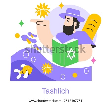 Rosh Hashanah Tashlich concept. An illustration of a Jewish man performing the Tashlich ritual, symbolizing casting off sins. Fishes, water, and festive elements. Vector illustration.