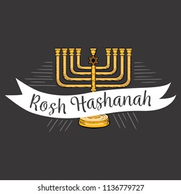 Rosh HaShanah text lettering. Happy Jewish New Year Menorah greeting card design with logo vector illustration cartoon isolated on white background.