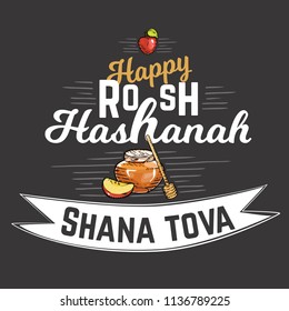 Rosh HaShanah text lettering. Happy Jewish New Year greeting card design with logo vector illustration cartoon isolated on black background.