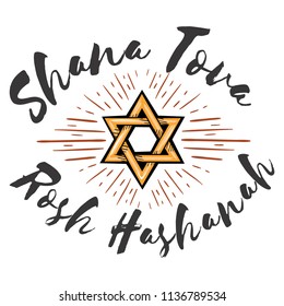 Rosh HaShanah text lettering. Happy Jewish New Year greeting card design with logo vector illustration cartoon isolated on white background.