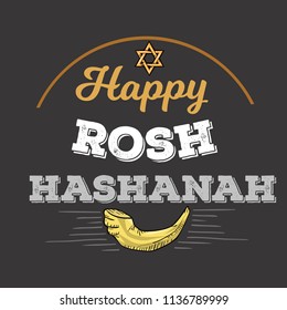 Rosh HaShanah text lettering. Happy Jewish New Year greeting card design with logo vector illustration cartoon isolated on black background.