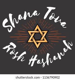 Rosh HaShanah text lettering. Happy Jewish New Year greeting card design with logo vector illustration cartoon isolated on black background.