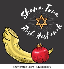 Rosh HaShanah text lettering. Happy Jewish New Year greeting card design with logo vector illustration cartoon isolated on white background.