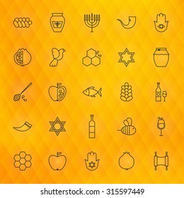 Rosh Hashanah Thin Line Icons Set. Vector Collection of Jewish New Year Autumn Holiday Thin Line Icons for Web and Mobile over Orange Polygonal Blurred Abstract Background. Israel Traditional Bundle