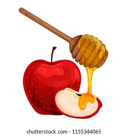 Rosh Hashanah traditional food illustration isolated on white. Ripe apple with honey and wooden dipper vector composition. Shana Tova, Jewish New Year traditional celebration food illustration.