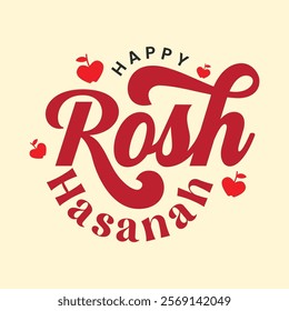 Rosh Hashanah typography design with apple food illustration. Hand written calligraphic quote Rosh Hashanah, New Year in Hebrew. Design concept for Rosh Hashanah celebration, banner, greeting card