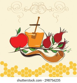 rosh hashanah vector concept - apple, shofar (horn), honey and pomegranate isolated on white
