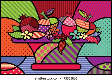 Rosh Hashanah vector greeting card in pop art style. Bowl with fruits and flowers symbol for fruitful year. Apples and pomegranates traditional Rosh Hashana fruits.