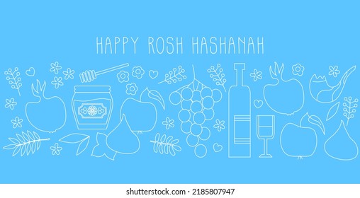 Rosh Hashanah. Vector illustration. Jewish new year greeting card banner with traditional icons. Happy New Year, Shana Tova. Apple, honey, flowers and leaves, Jewish New Year symbols and icons