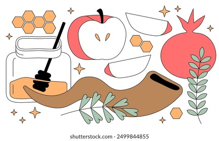 Rosh Hashanah. Vektorgrafik. Jüdisches Neujahrsgrußkartenbanner mit traditionellen Symbolen. Frohes neues Jahr, Shana Tova. Apfel, Honig, Blätter, jüdische Neujahrssymbole und Symbole