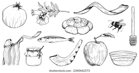 Ilustración vectorial de Rosh Hashanah, colección de Shana Tova para el Año Nuevo Judío. Miel, pergamino de Torah, jaque redondo, hombre en tallit con shofar, frutas granadas y pescado