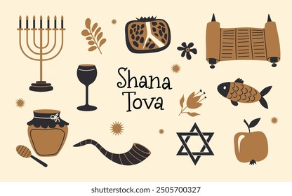 Rosh Hashanah vector illustration set, Shana Tova collection for Jewish New year. Apple, honey, flowers and leaves, Jewish New Year symbols and icons.