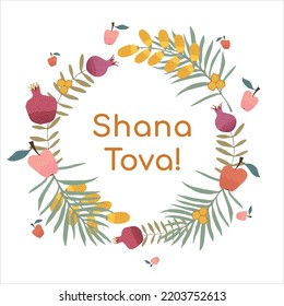 Rosh Hashanah wreath with vector apples, pomegranates and dates in cartoon botanical colorfull style for Jewish New Year projects, covers, greeting cards and banners