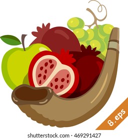 Rosh Hashanah and Yom Kippur. Greeting card, invitation with ram's horn, honey, fruit, vector illustration, flat design