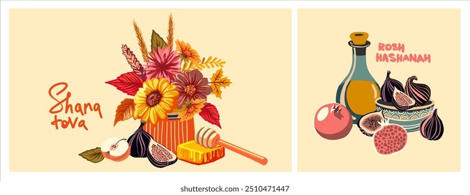 Rosh Hashanah!Shana Tova!Fully editable posters on the theme of the holiday of the beginning of the new Jewish year.Figs,honey,pomegranates,apples and olive oil with a bouquet of autumn flowers.Vector