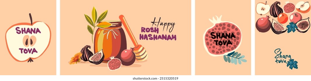 Rosh Hashanah!Shana Tova!Fully editable posters on the theme of the holiday of the beginning of the new Jewish year.Figs,pomegranates,apples - vector illustration in flat style with handwritte text