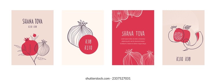 Rosh Hashana,Jewish holiday, greeting cards with traditional greeting in Hebrew. Translation from Hebrew - sweet and happy new year. Pomegranate, apple, Jewish horn and flowers. simple line vector ill svg
