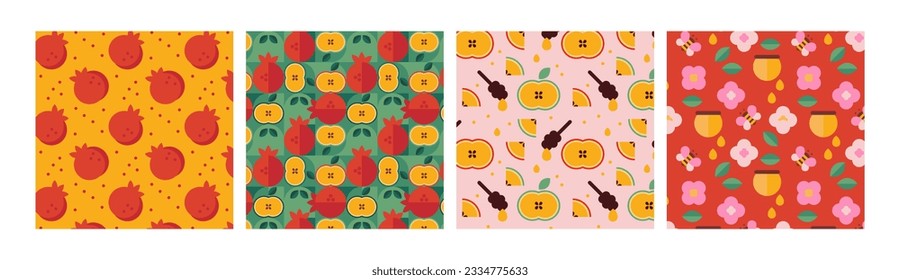 Rosh Hashana,Jewish holiday, pattern with traditional greeting in Hebrew. Translation - sweet and happy new year. Pomegranate, apple, Jewish horn and flowers. simple line vector illustration