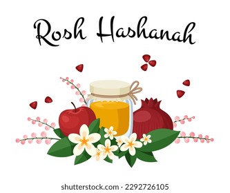 Rosh-hashanah jewish new year banner. Modern printable card with honey, apple and pomegranate, floral elements. Happy shana tova vector design