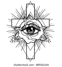 Rosicrucianism Symbol. Blackwork Tattoo Flash. All Seeing Eye, Cristian Cross With Rose Flower. Sacred Geometry. Vector Illustration Isolated On White. Tattoo Design, Mystic Symbol. New World Order.