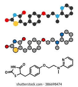 Rosiglitazone diabetes drug molecule. Stylized 2D renderings and conventional skeletal formula.