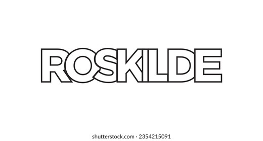 Roskilde in the Denmark emblem for print and web. Design features geometric style, vector illustration with bold typography in modern font. Graphic slogan lettering isolated on white background.