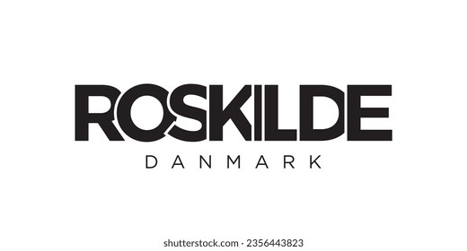 Roskilde in the Denmark emblem for print and web. Design features geometric style, vector illustration with bold typography in modern font. Graphic slogan lettering isolated on white background.