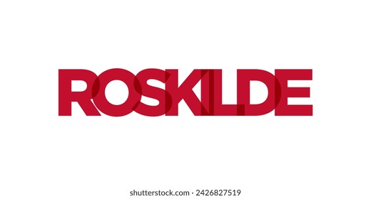 Roskilde in the Denmark emblem for print and web. Design features geometric style, vector illustration with bold typography in modern font. Graphic slogan lettering isolated on white background.