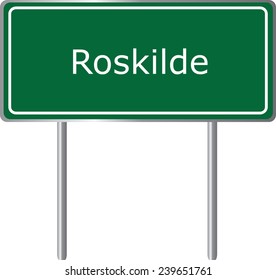 Roskilde, Denmark, road sign green vector illustration, road table