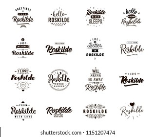 Roskilde. Greeting cards, vector design. Isolated logos. Typography set.