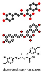 rosmarinic acid herbal antioxidant molecule. Present in a number of plants including rosemary (Rosmarinus officinalis). Stylized 2D renderings and conventional skeletal formula.
