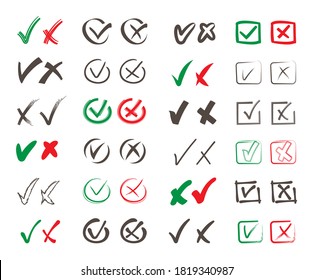 rosses heck marks set. Choosing right wrong public poll symbols positive negative voting form yes and no in round color square contours general voting political economic. Vector referendum.