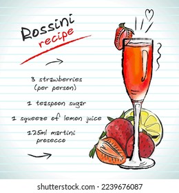 Rossini cocktail, vector sketch hand drawn illustration, fresh summer alcoholic drink with recipe and fruits