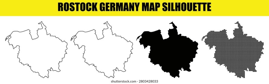 Rostock germany map silhouettes presented in outline, solid, and dot filled styles. Perfect for educational or informational content creation.