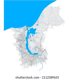 Rostock, Mecklenburg-Western Pomerania, Germany high resolution vector map with city boundaries and editable paths. White outlines for main roads. Many detailed paths. Blue shapes and lines for water.