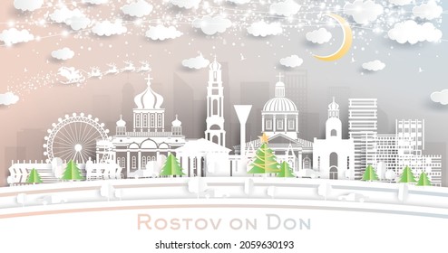 Rostov-on-Don Russia City Skyline in Paper Cut Style with Snowflakes, Moon and Neon Garland. Vector Illustration. Christmas and New Year Concept. Santa Claus on Sleigh. Cityscape with Landmarks.