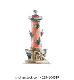 Rostral column on the Neva embankment in St. Petersburg. The old lighthouse. Vector illustration on a white background. Traced color pencils.