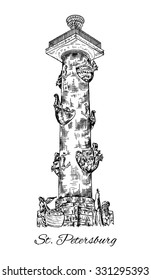 Rostral column in Saint Petersburg, St. Petersburg landmark, Russia, Vector hand drawn engraved illustration, ink sketch isolated on white background, Historical line art for touristic postcard