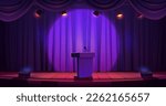 Rostrum with microphone for public speech on stage with curtains. Vector cartoon illustration of tribune illuminated by spotlights. Place for presentation, lecture, debate or graduation ceremony