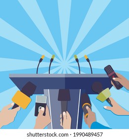 Rostrum with microphones for press release famous person or politician. Vector announcement for multimedia, journalist and press news reportage, recorder report or presentation illustration