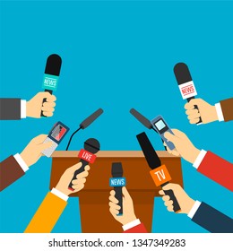 Rostrum, tribune and hands of journalists with microphones. Press conference concept. Vector illustration in flat style