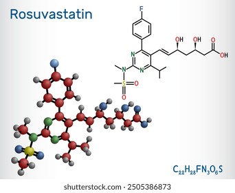 Rosuvastatin molecule. Statin, lipid-lowering drug. Structural chemical formula and molecule model. Vector illustration