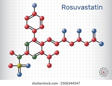 Rosuvastatin molecule. Statin, lipid-lowering drug. Sheet of paper in a cage.  Vector illustration