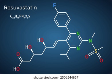 Rosuvastatin molecule. Statin, lipid-lowering drug. Structural chemical formula, dark blue background. Vector illustration